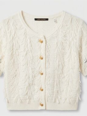Kobi Halperin Cream Fringe-Textured Short Sleeve Cardigan with Gold Buttons